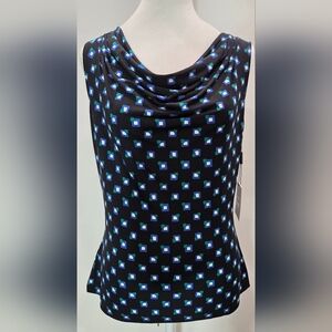 Calvin Klein Sleeveless Cowl-Neck Top. Size Small. Black, blue, and green.